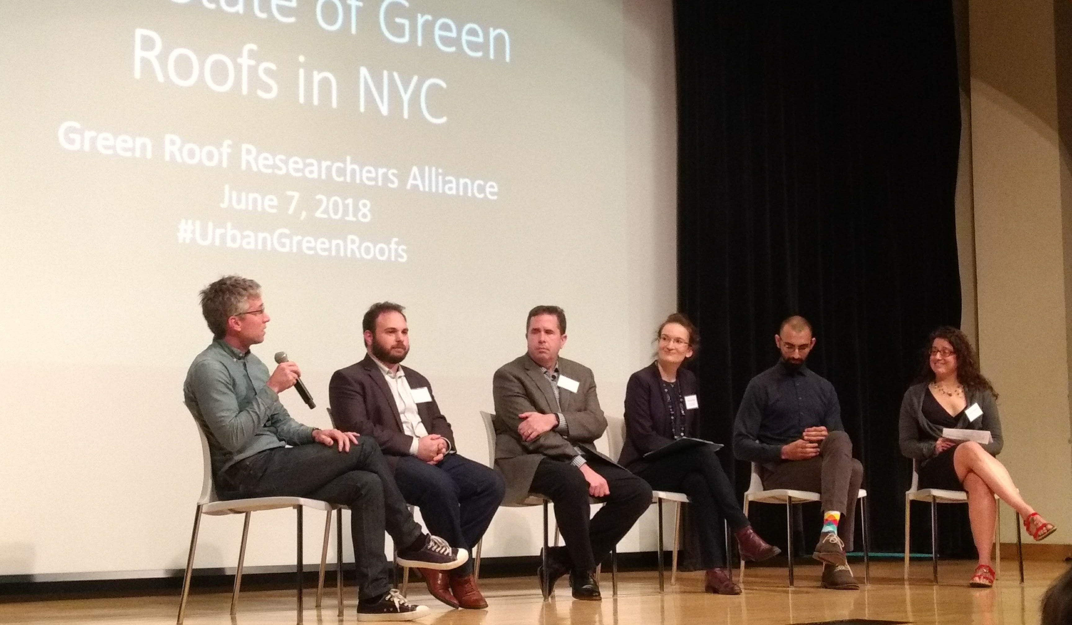 The mapping and modeling panel discussion at the first annual State of Green Roofs Conference in 2018, featuring researchers from The New School, Columbia University, and The Nature Conservancy. Photo: NYC Bird Alliance