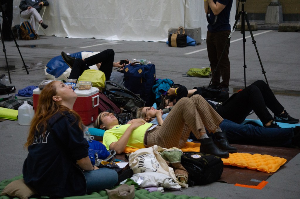 Volunteers monitoring the Tribute in Light late into the night. Photo: NYC Bird Alliance