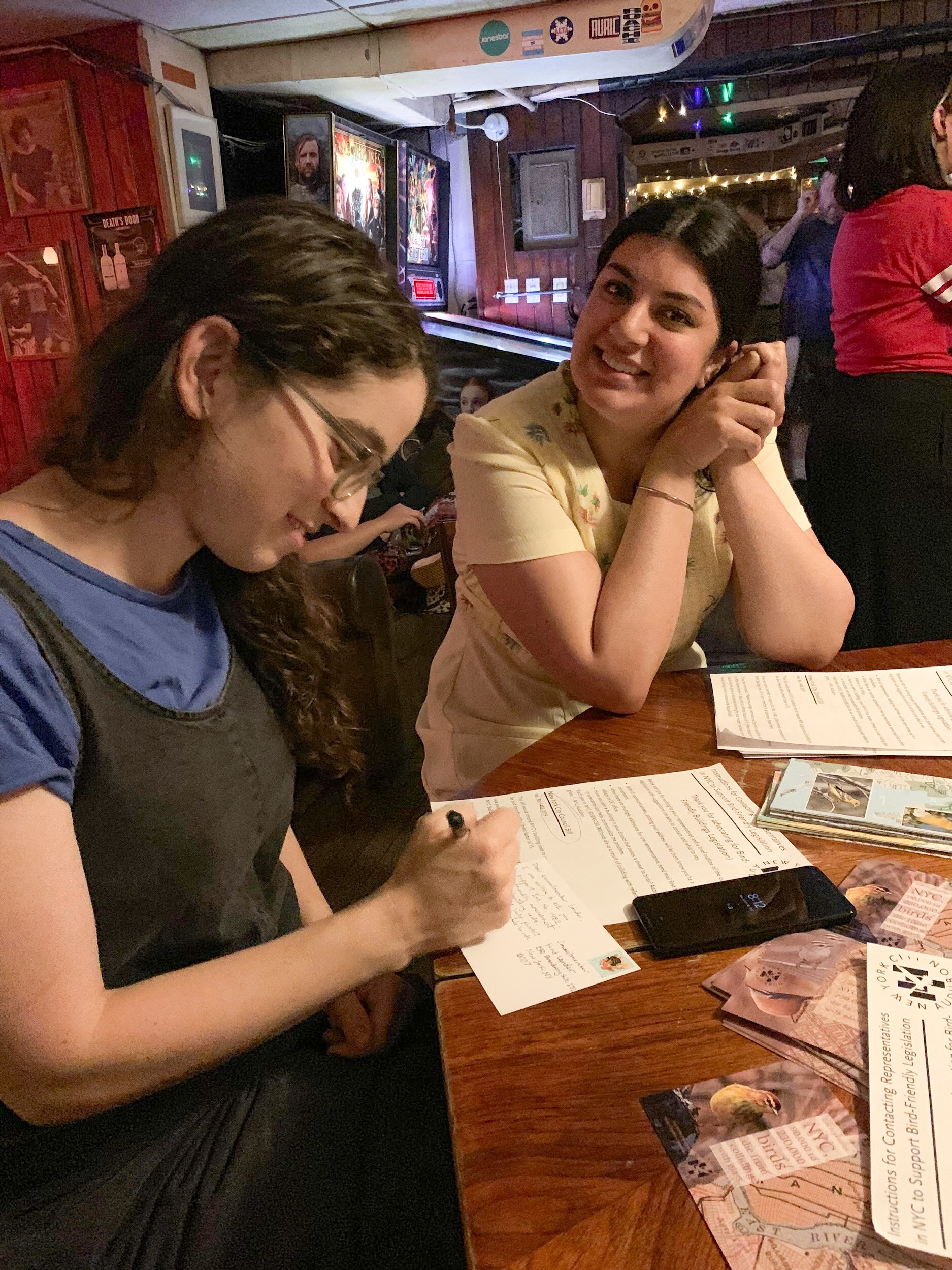 Avian Advocate volunteers at bird-friendly buildings postcard-writing party in support of the bird friendly material bill, Int. 1482. Photo: NYC Bird Alliance