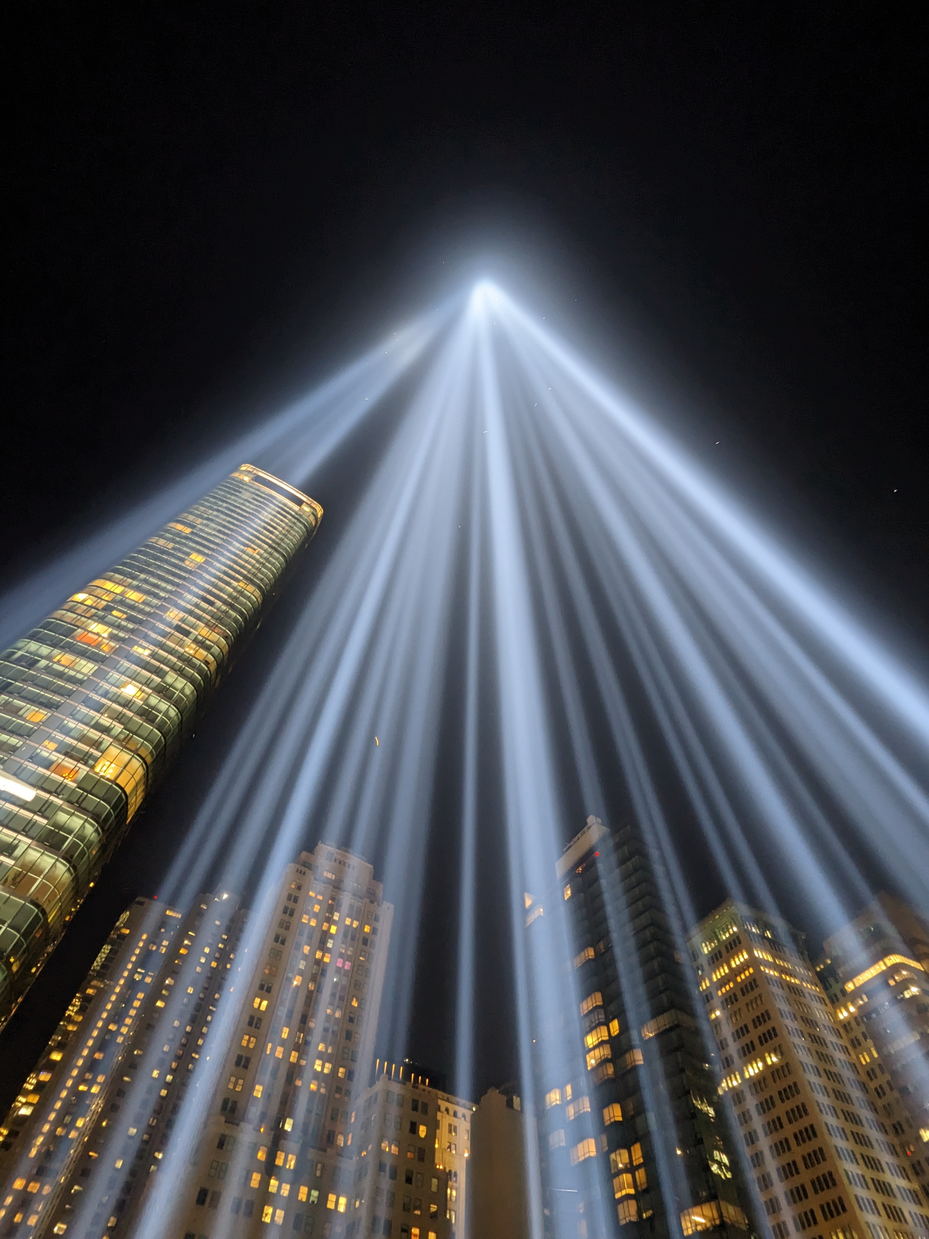 Tribute in Light Memorial commemorates those list during the 9/11 attacks by projecting two beams of light into the sky where the Twin Towers once stood. Photo credit: Roslyn Rivas