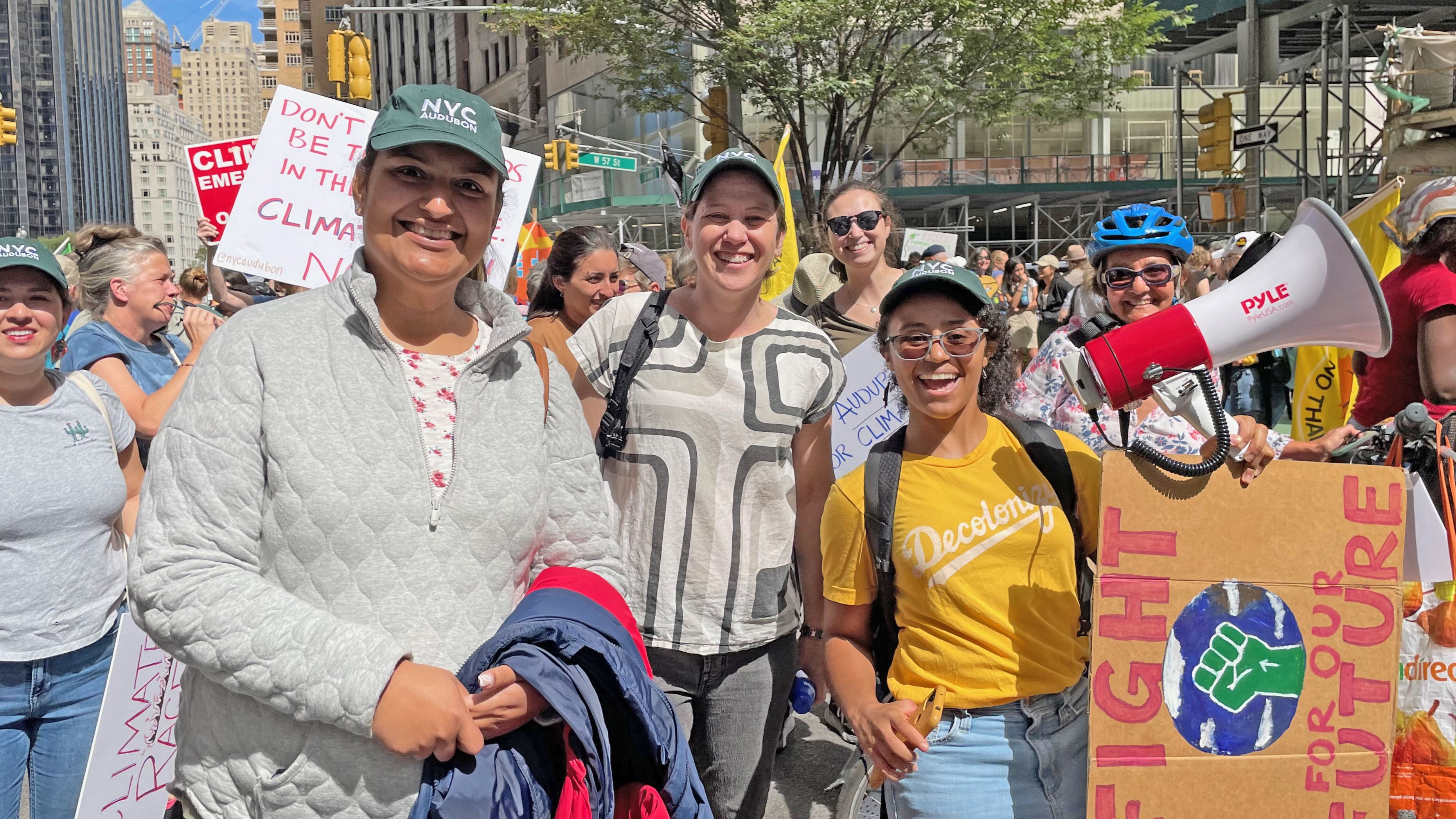 Saman Mahmood, Executive Director Jessica Wilson, and Public Programs Manager Roslyn Rivas join the March to End Fossil Fuels for Climate Week NYC. Photo Credit: NYC Bird Alliance
