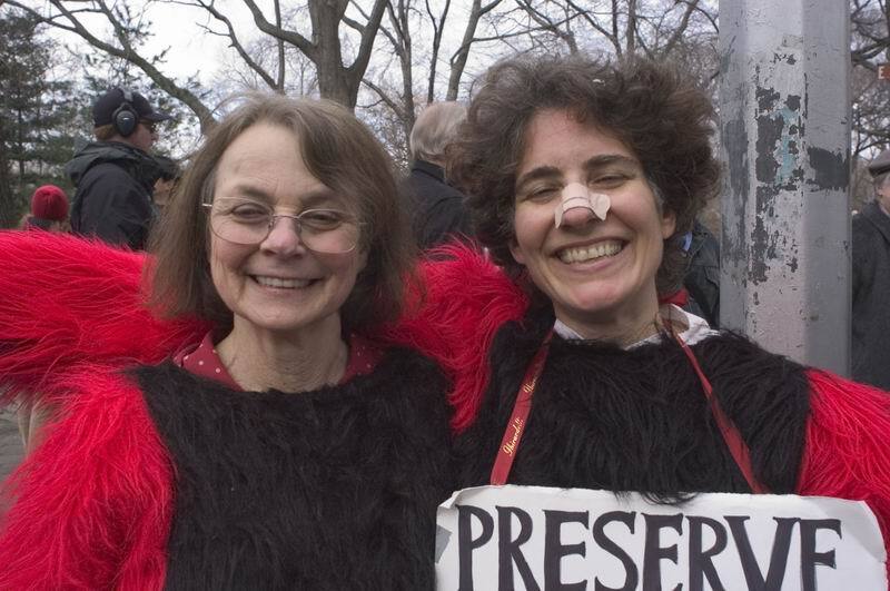 Marie Winn and Rebekah Creshkoff at the Pale Male protests in 2004