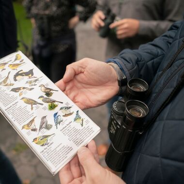 A birder holdS a bird guide with their binoculars in view. Credit: Sydney Walsh/Audubon