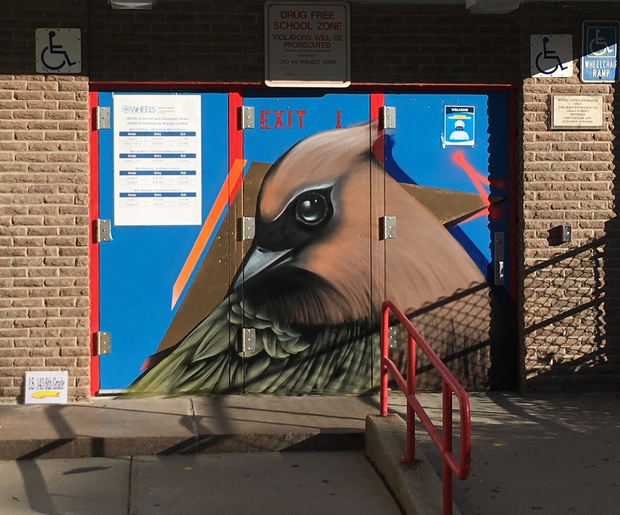 Among the many Audubon murals gracing the neighborhood of Washington Heights is this rather exotic (for New York City) Bohemian Waxwing, by artist ESPY. Photo: Avi Gitler