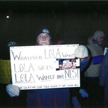 A protestor in front of 927 Fifth Avenue, December 2004. Photo: NYC Bird Alliance