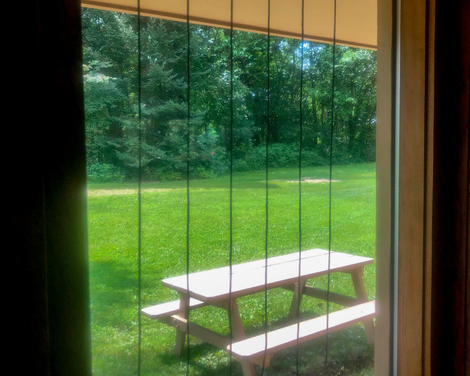 An image of a window with parachord curtains on its exterior.