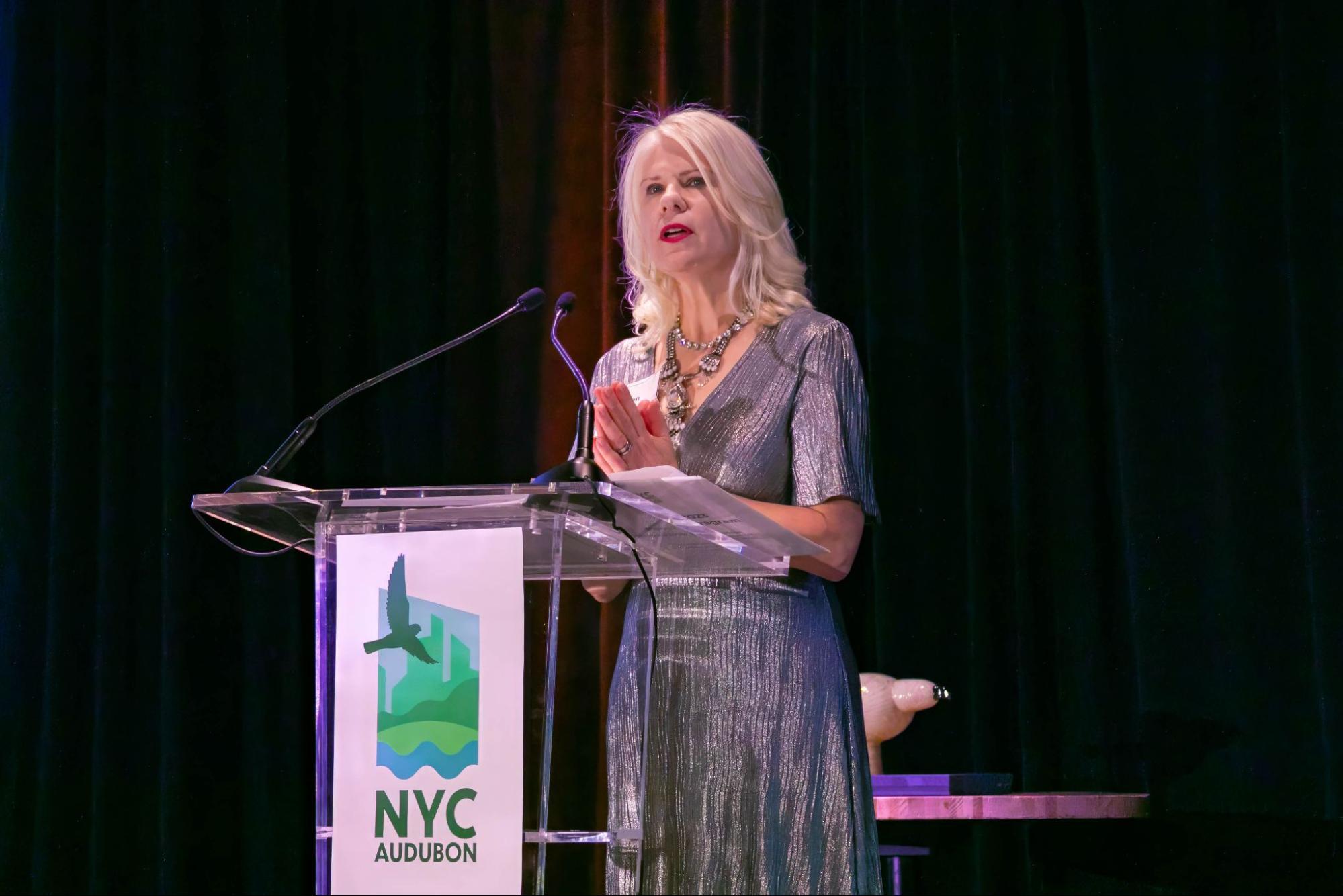 NYC Bird Alliance Board President Karen Benfield speaking at the 2023 Fall Roost fundraising event.