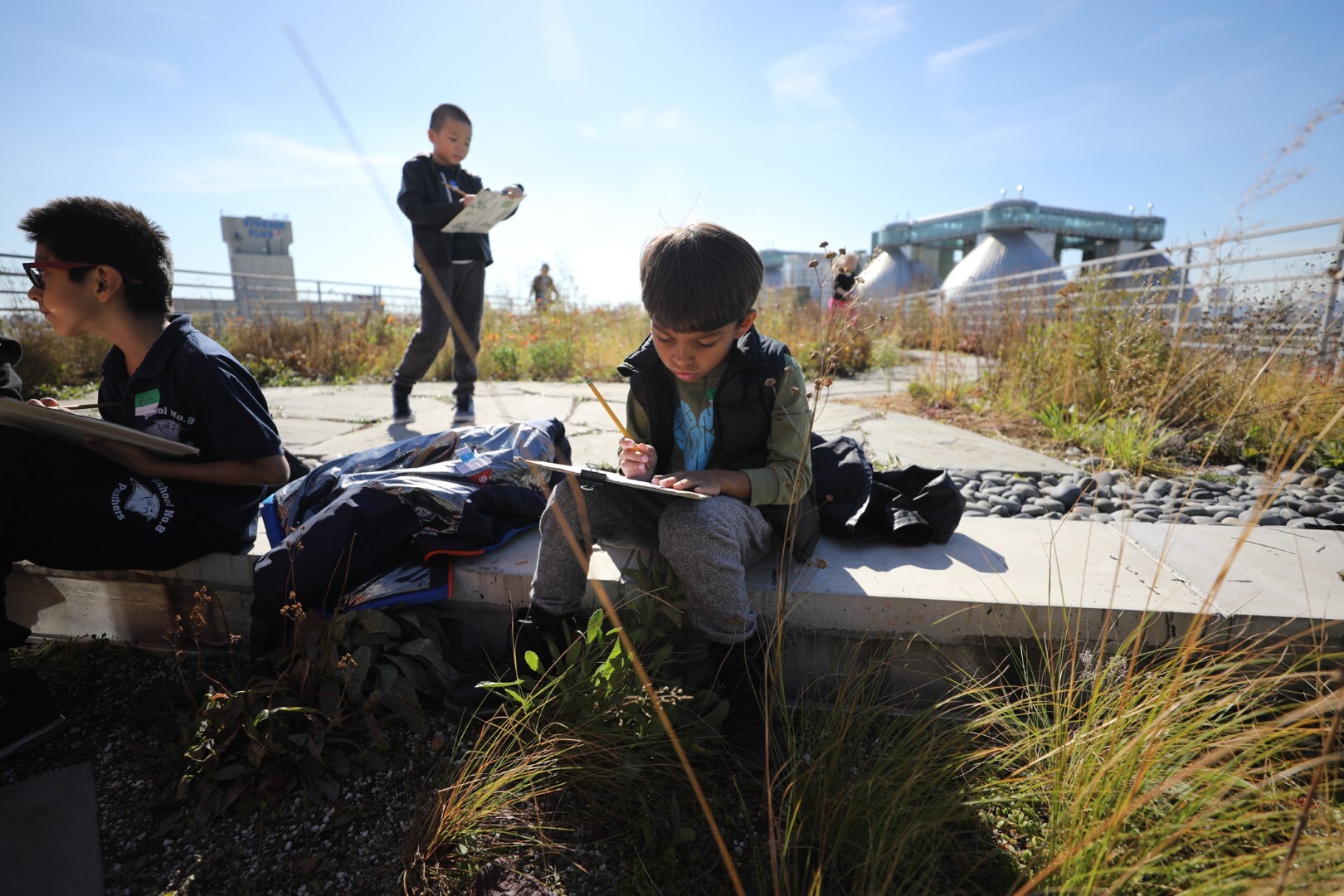 Students take a field trip to Kingsland Wildflowers at Broadway Stages, located in a heavily industrialized section of Greenpoint, Brooklyn,  to learn about green roofs and urban ecology. Photo: Newtown Creek Alliance