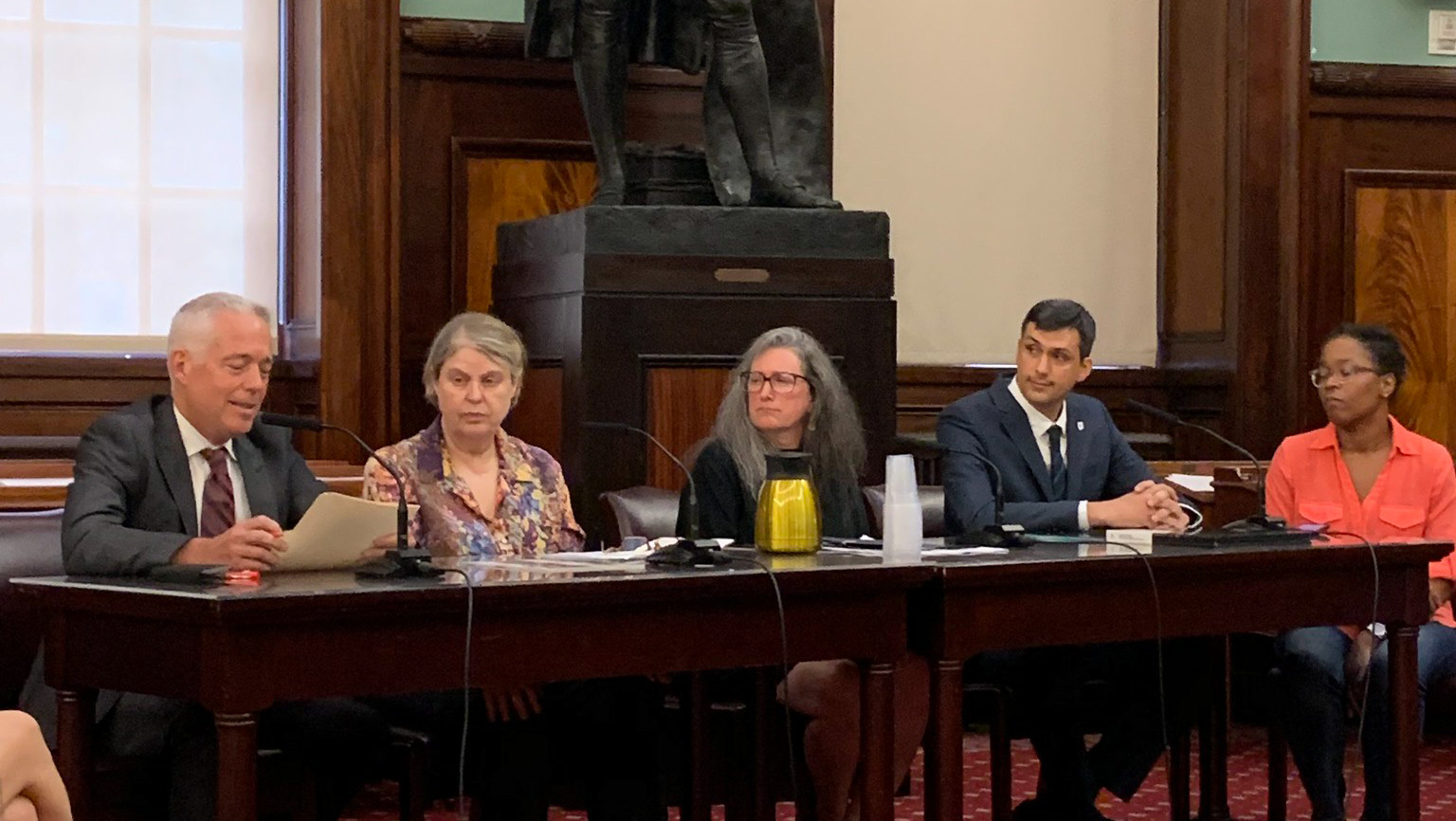 Former NYC Bird Alliance Executive Director Kathryn Heintz (seated middle) testified before the New York City Council on why the bird-friendly materials bill needed to be passed. Photo: NYC Bird Alliance