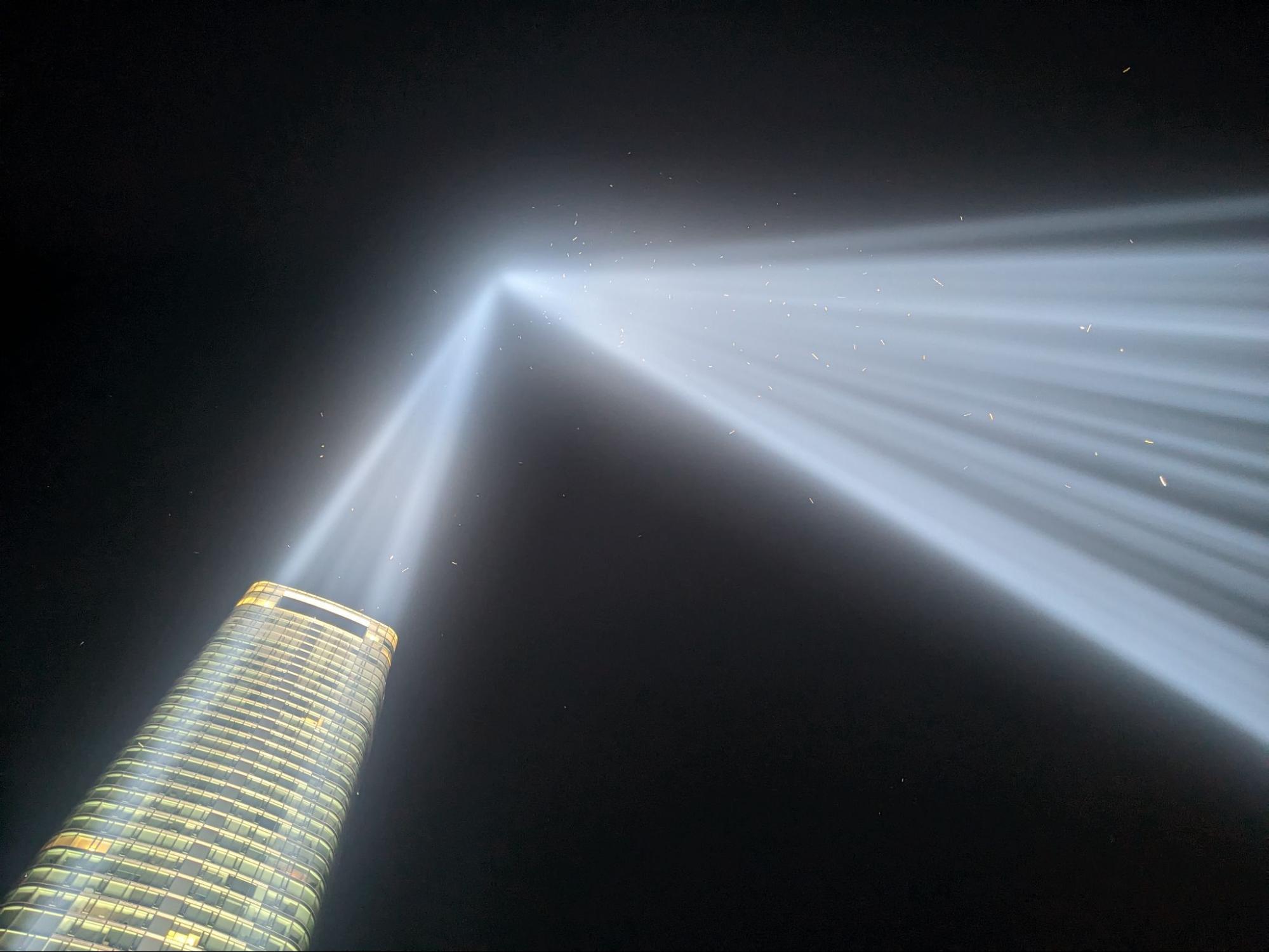 The white dots seen in this year’s Tribute in Light memorial are hundreds of birds trapped in the beams. Photo: NYC Bird Alliance