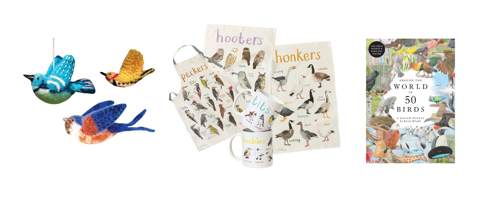 Plain graphic with, from left to right, handcrafted wool bird ornaments, Fowl Language aprons, mugs, and tea towels, and a jigsaw puzzle.