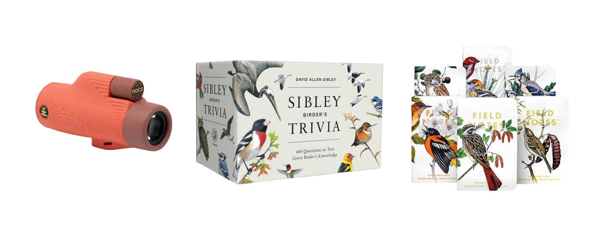 Plain graphic with, from left to right, Nocs Provisions monocular, Sibley’s Birder’s Trivia, and Field Notes Notesbooks.