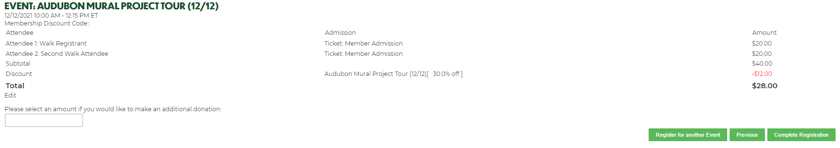 Your event registration summary is listed to the left. You may choose to enter an additional donation amount to NYC Bird Alliance if you so wish using the field below the registration summary.