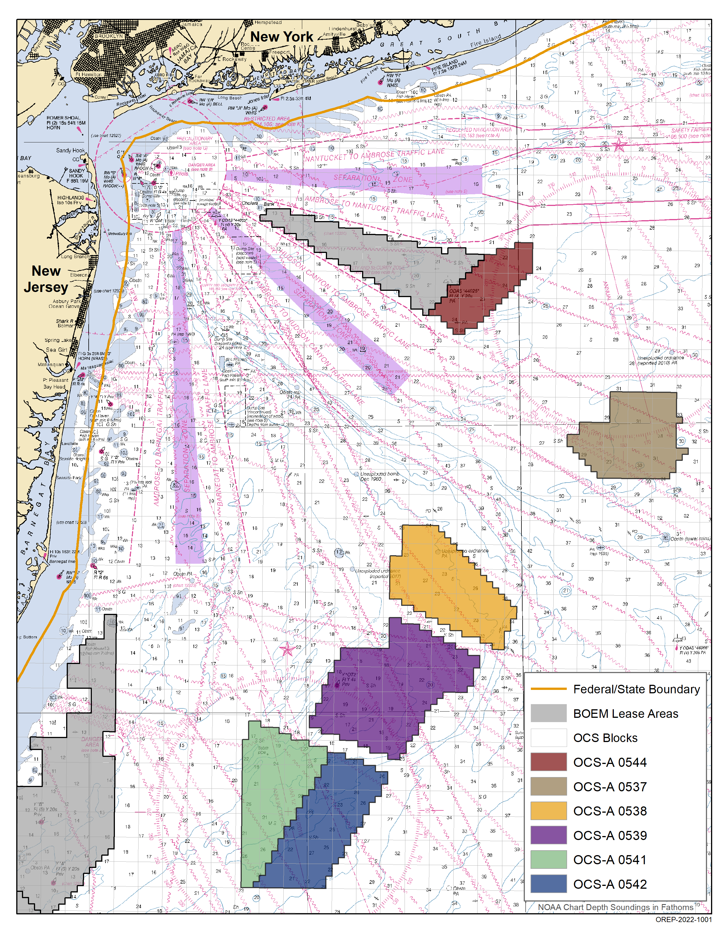 Recently auctioned wind power lease areas span a large portion of the New York Bight. Graphic courtesy of the Bureau of Ocean Energy Management