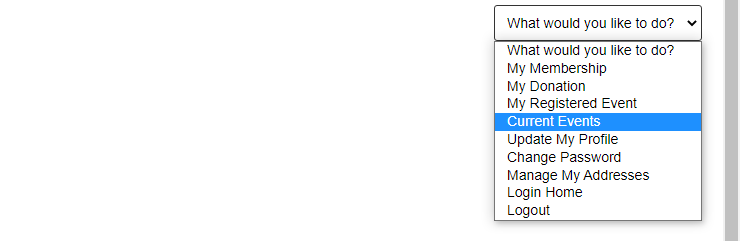 Register quickly for additional events by clicking \"Current Events\" on this drop-down menu in the top-right corner of the event registration confirmation page. 